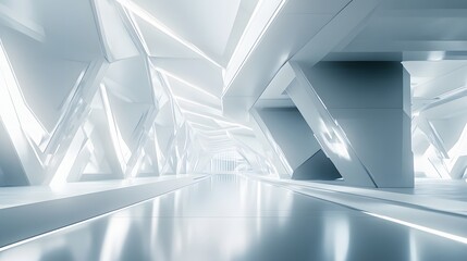 Futuristic white corridor features geometric architecture and bright lighting