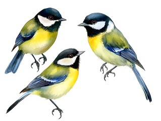 Obraz premium Watercolor Great Tit Birds Avian Wildlife Nature Illustration