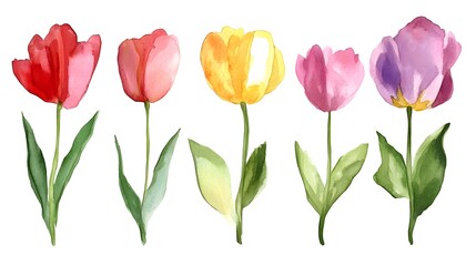 Obraz premium Watercolor Tulips Red Pink Yellow Purple Flowers
