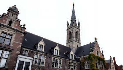 Fototapeta premium Historic Brick Building with Gothic Tower Under Overcast Sky