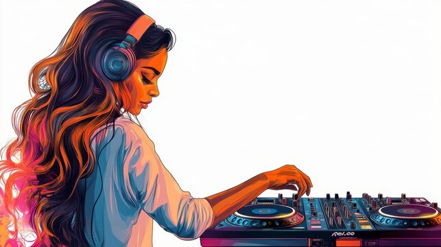 A young woman with long brown hair wearing headphones mixes music on a DJ mixer. The image style is digital art with a pixelated effect and vibrant colors.