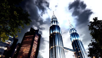 Naklejka premium Illuminated Skyscrapers Piercing a Dramatic Stormy Sky