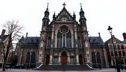 Naklejka premium Majestic Brownstone Church Against Bright White Sky