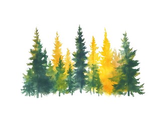 Obraz premium Watercolor Forest Green and Gold Pine Trees Autumn Nature Illustration