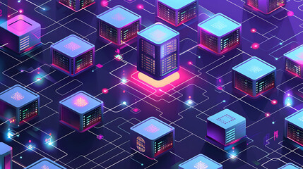 Isometric view of interconnected data blocks or servers on a circuit grid. Glowing neon lines represent network connections. Concept of blockchain, data center, or database.

