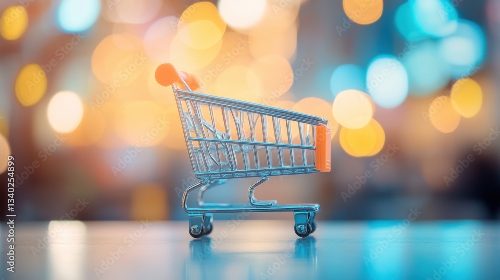 Poster a small shopping cart stands on a surface with a colorful bokeh background created by city lights at