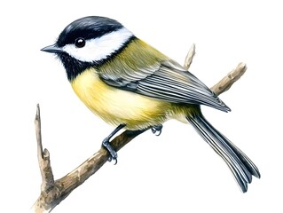 Watercolor Cole Tit Bird on Branch  Wildlife Illustration
