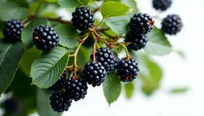 Ripe Blackberries on Branch with Lush Green Leaves