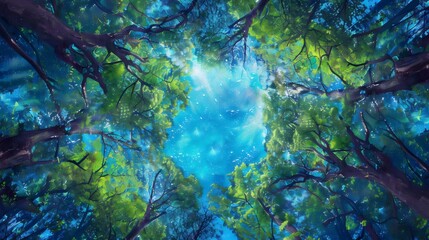 Naklejka premium a dense forest, showcasing tall trees with bright green foliage against a vivid blue sky.