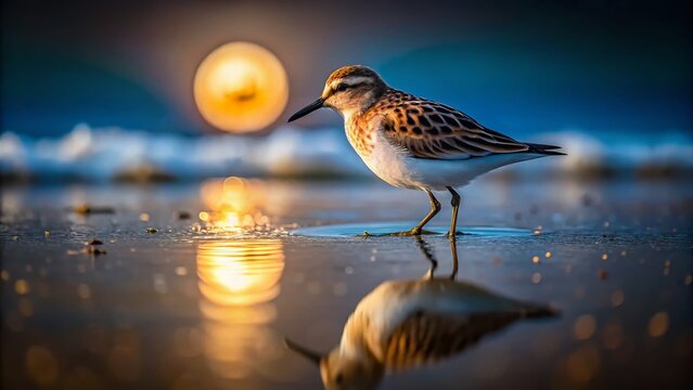 Little Stint Bird Night Photography - Coastal Wetland Wildlife