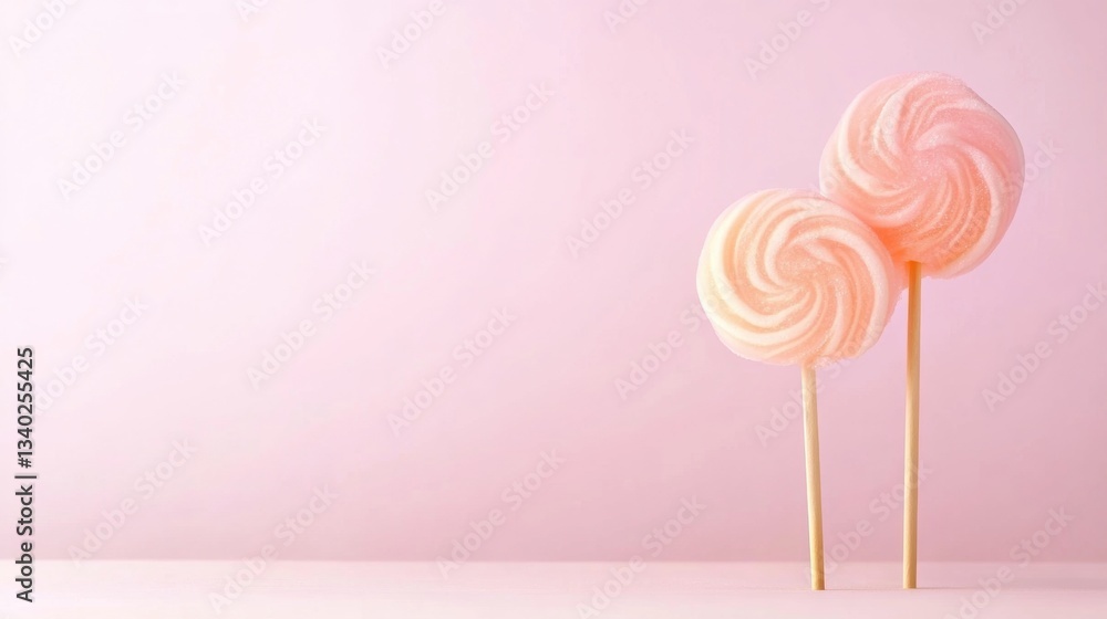 Poster two pink swirled lollipops rest on a smooth surface, creating a sweet and playful atmosphere with a 