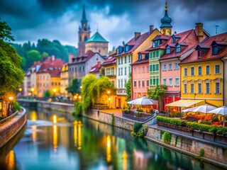 Fototapeta premium Ljubljana, Slovenia: Rainy Day Tilt-Shift Photography - Charming Cityscape