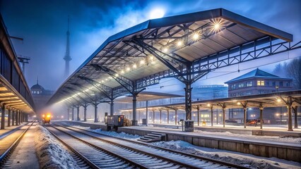 Naklejka premium Ljubljana Train Station Renovation: Night Demolition Works, Early Winter