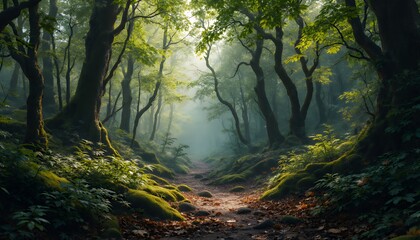 Naklejka premium Sunlit Path Through an Enchanted Forest: A Digital Painting