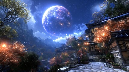 Fantasy Landscape Depicts Houses Mountains Trees And A Celestial Body