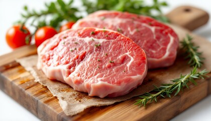 Fototapeta premium Two Raw Marbled Beef Steaks on Rustic Wooden Board