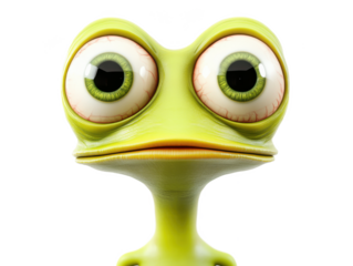 Close up of a cartoonish green alien with large eyes on Isolated on white transparent background
