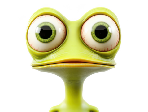 Close up of a cartoonish green alien with large eyes on Isolated on white transparent background