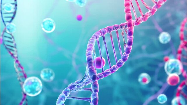 3D CG Animation of Floating Stem Cells and Double Helix DNA Structure Slowly Rotating. 