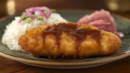 Crispy breaded chicken breast with gravy, rice, and mashed sweet potato.
