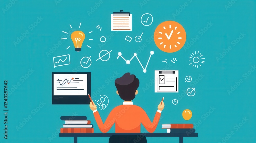 Poster creative workspace with ideas and data visualization concepts
