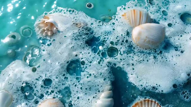 A collection of various seashells floating on delicate ocean foam, creating a serene and refreshing coastal scene. The intricate details of the shells combined with the soft bubbles evoke a sense 