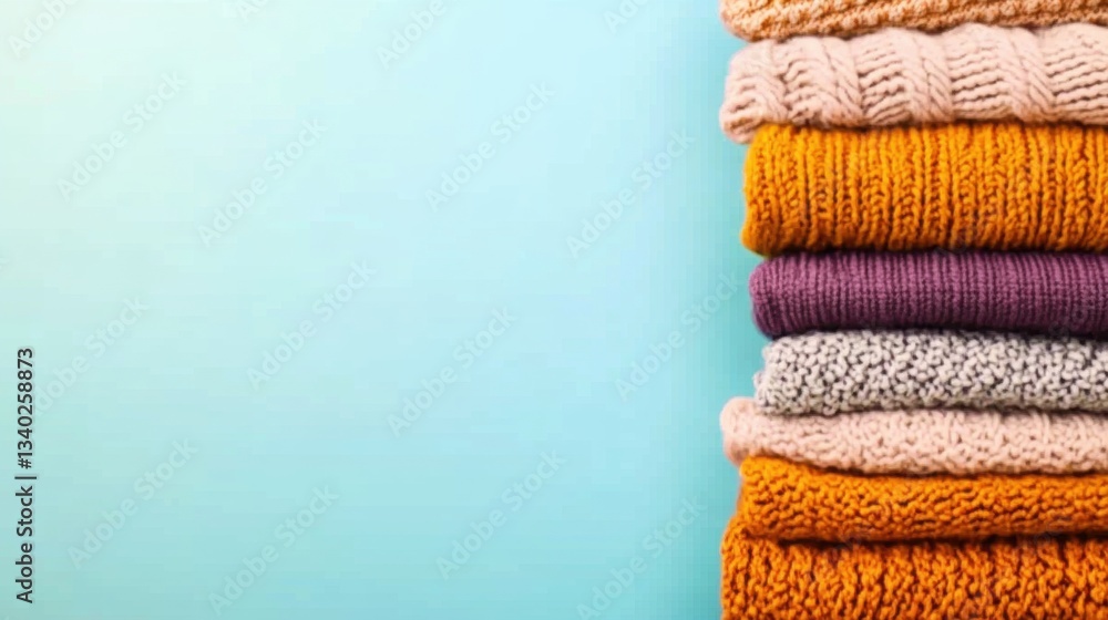 Poster cozy knitted sweaters in various colors stacked neatly, creating a warm and inviting atmosphere suit