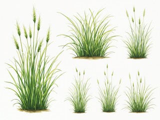 Collection of Lush Green Grasses and Wheat Plants - Botanical Illustration