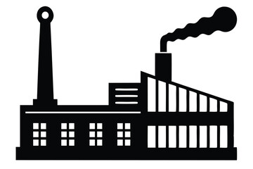 Industrial factory vector icon silhouette with smoke and power towers in a city skyline design