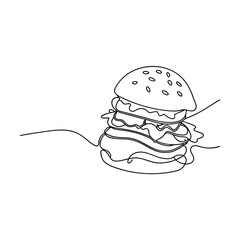 Single Line Art Drawing Delicious Burger Sesame Bun Patty Lettuce