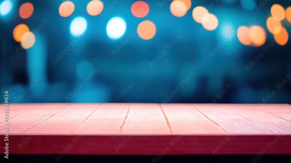 Poster a wooden table stands in the foreground while blurred lights in various colors create a warm and inv