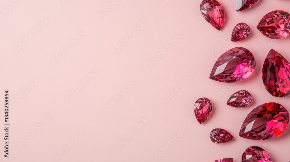 Poster an array of exquisite red gemstones in various shapes, including teardrop and round, displayed beaut