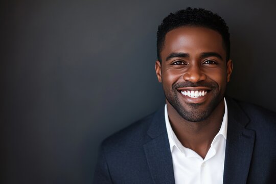 A happy and self-assured businessman, smiling broadly in a formal jacket, presenting a professional and approachable image for his business profile.