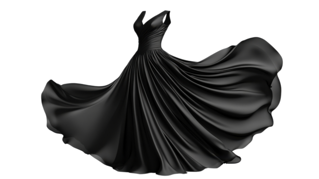 Flowing black dress on transparent background: elegant gown fashion design