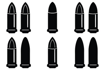 Set of isolated bullets on white background with a variety of tags including military, weapon, ammo, and design elements
