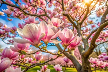 Spring bloom magnolia tree flowers. Blossom magnolia flower. Spring background. 
