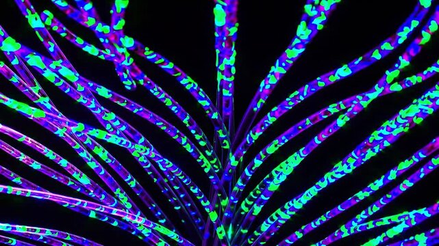 An Abstract View of Colorful Neon Fiber Optics Illuminating with Brilliant Blues, Greens, and Purples, Creating a Vibrant Artistic Display of Light and Movement