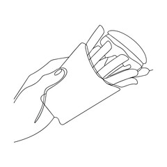 Single Line Drawing of Hand Holding French Fries and Burger