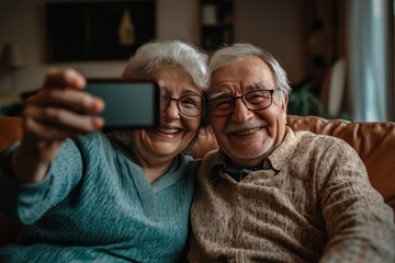 A happy elderly couple, laughing while taking a selfie on their phone, sitting on a comfortable sofa, capturing a special memory together.