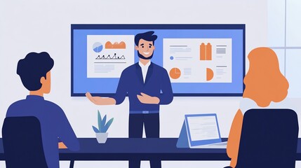 Business presentation with charts and data given by a happy and professional manager