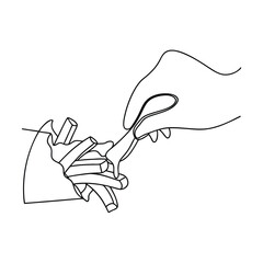 Hand Dipping French Fries in Sauce One Line Art Drawing