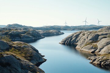 Scandinavian Fjords with Wind Turbines: Clear Sky, Clean Water, and Rocks. A Renewables and Nature Harmony