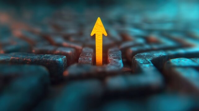 A luminous arrow stands out in the center of a complex maze, representing guidance and clarity in tricky situations and decisions