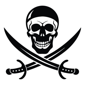 recommend clip art: Skull emblem illustration with crossed sabers  ( background transparent ) Jolly Roger with crossed swords. Pirate flag emblem with a skull and two sabers or scimitar swords. Vector illustration.