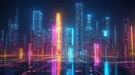 Futuristic Cityscape with Neon Glow and Geometric Grid Reflections
