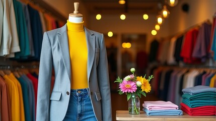 Obraz premium Fashion Retail Scene with Mannequin Flowers and Folded Fabrics