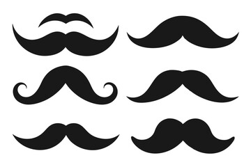 Vector illustration of a seamless set of mustaches and beards in silhouette, featuring various styles like curly and retro, perfect for fashion, vintage, and hipster designs