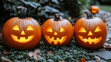 Three illuminated jack-o'-lanterns outdoors.