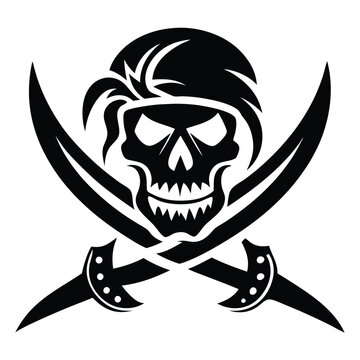 recommend clip art: Skull emblem illustration with crossed sabers  ( background transparent ) Jolly Roger with crossed swords. Pirate flag emblem with a skull and two sabers or scimitar swords. Vector illustration.