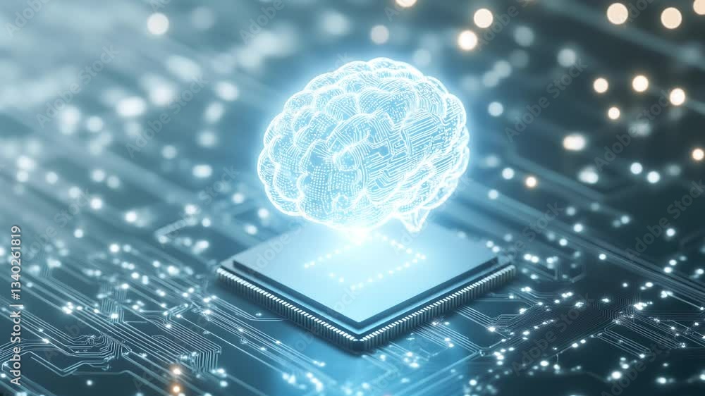 Aufkleber ai brain on a chip: a digital brain hologram hovers over a processor chip, symbolizing artificial in